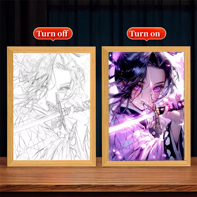 Demon Slayer LED Anime Wall Art – Light-Up Frame Featuring Nezuko, Akaza, Shinobu & Obanai | Room Decor & Gifts for Kids & Fans