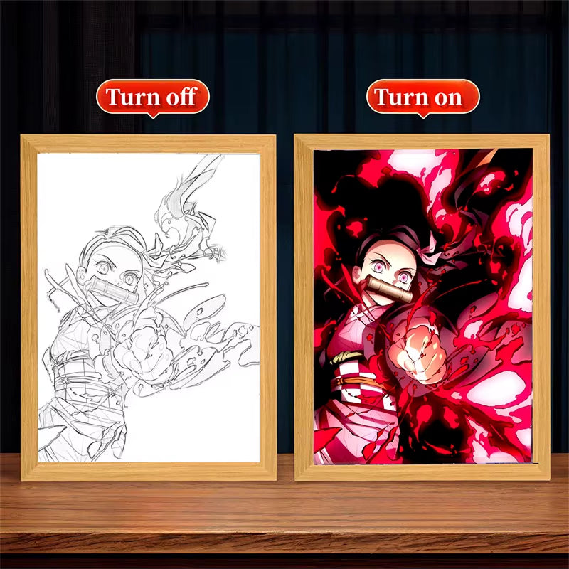 Demon Slayer LED Anime Wall Art – Light-Up Frame Featuring Nezuko, Akaza, Shinobu & Obanai | Room Decor & Gifts for Kids & Fans
