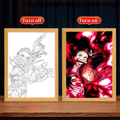 Demon Slayer LED Anime Wall Art – Light-Up Frame Featuring Nezuko, Akaza, Shinobu & Obanai | Room Decor & Gifts for Kids & Fans